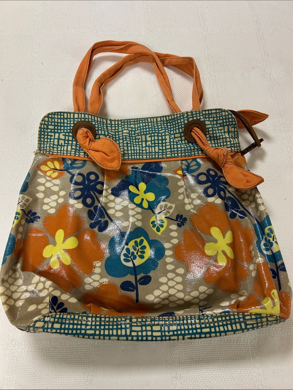 Fossil Orange Floral Canvas Tote with Blue and Yellow Accents image 2